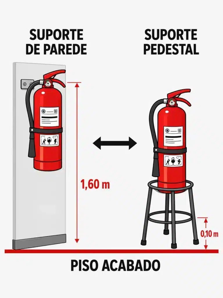 Infográfico mostrando a altura de extintores na parede e em suporte pedestal, com medidas de 1,60 m e 0,10 m em relação ao piso acabado.