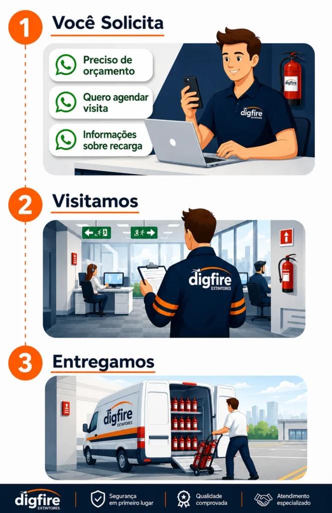 Como funciona o atendimento da Dig Fire: solicitação pelo WhatsApp, visita técnica e entrega dos extintores.