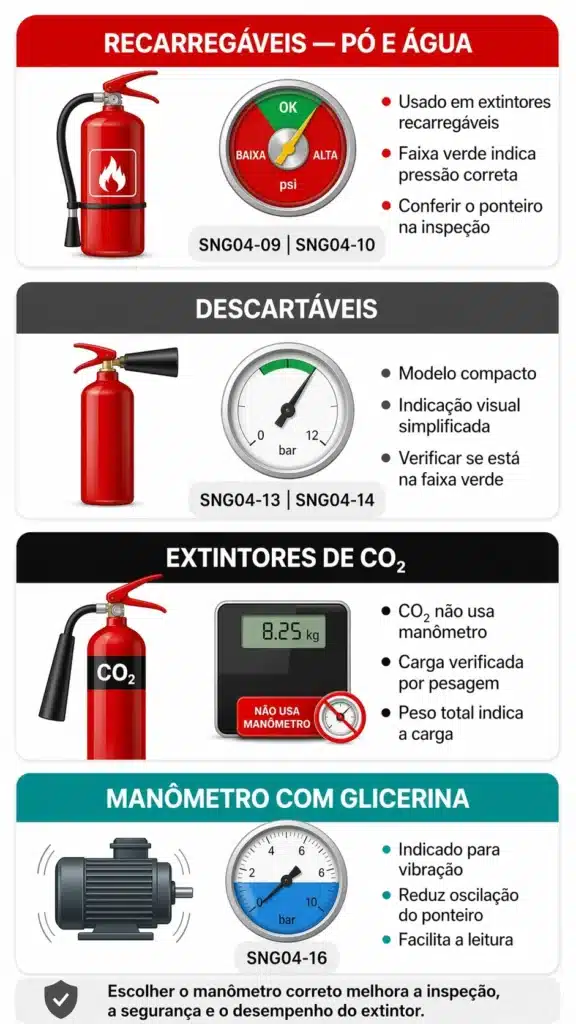 Manômetro de pressão para extintores de incêndio comparativo entre modelos