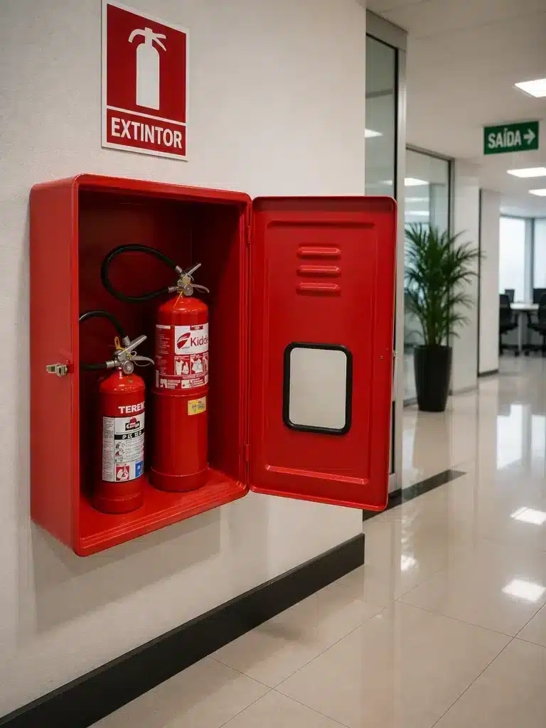 O Que é Abrigo de Extintor instalado em ambiente comercial com equipamentos protegidos