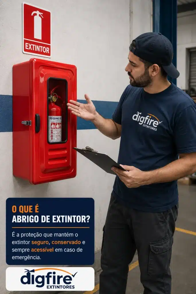O Que é Abrigo de Extintor explicado por técnico verificando equipamento instalado na parede