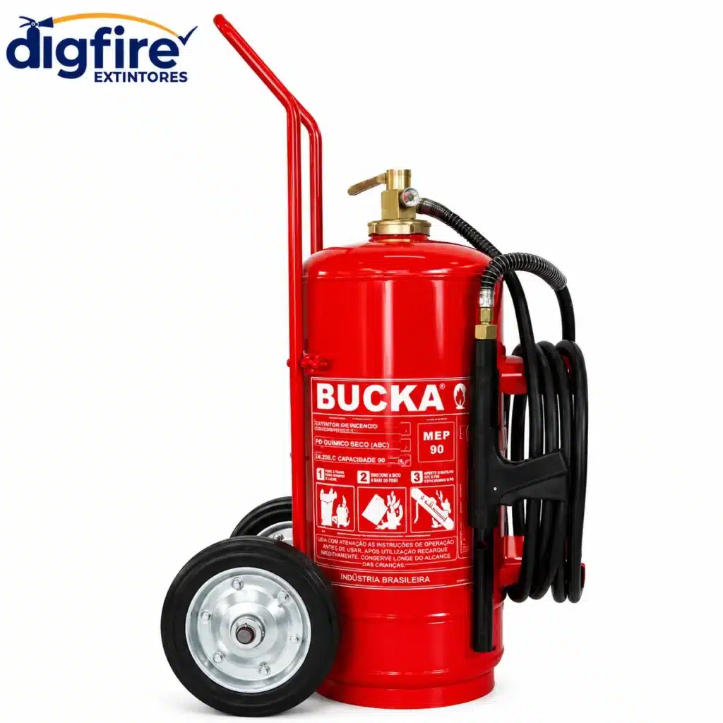 Extintor Carreta Pó Químico BC 50kg - 80BC com detalhes do equipamento