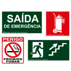Placas de sinalização: saída de emergência, extintor e rotas de fuga
