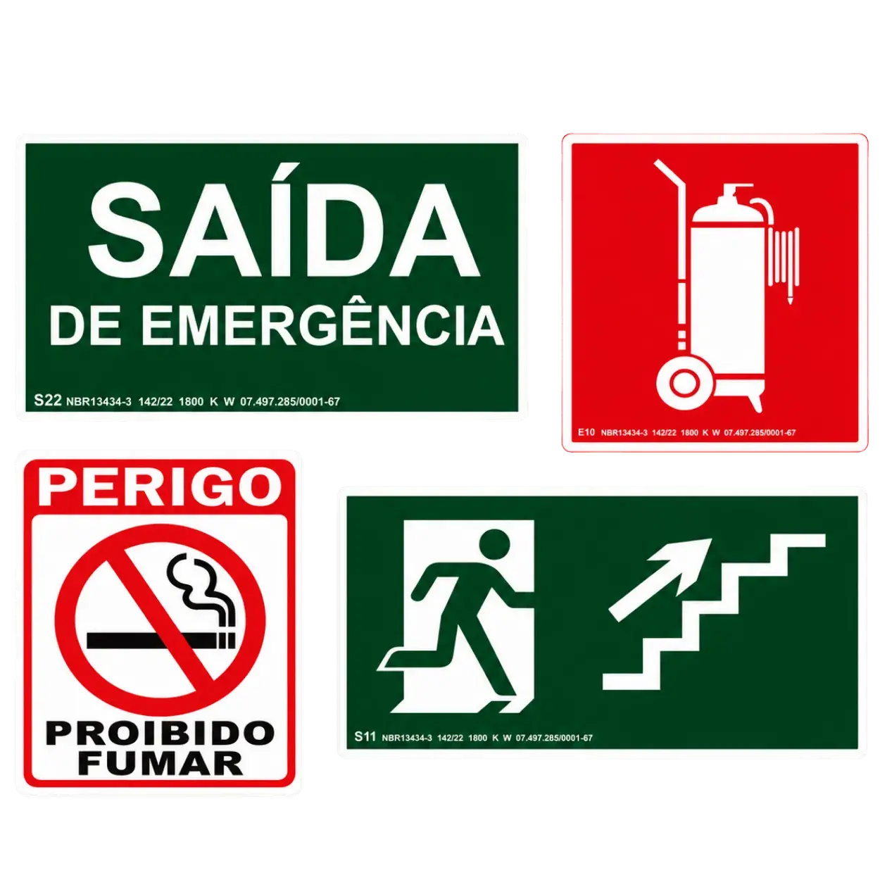 Placas de sinalização: saída de emergência, extintor e rotas de fuga