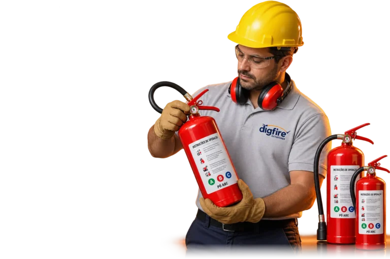Técnico da Dig Fire inspecionando um extintor de pó ABC, com capacete e abafador de ruído