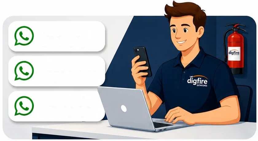 Atendente da Dig Fire com celular e notebook recebendo pedidos pelo WhatsApp