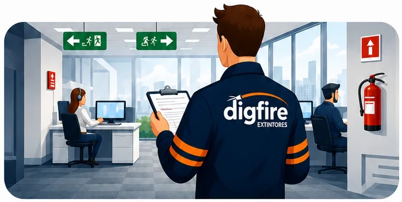 Técnico da Dig Fire com prancheta fazendo a visita técnica em um escritório
