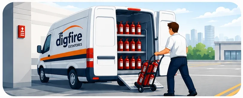 Entregador descarregando extintores de uma van da Dig Fire