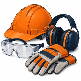 Capacete, óculos, protetor auricular e luvas ilustram os EPIs da NR 6.