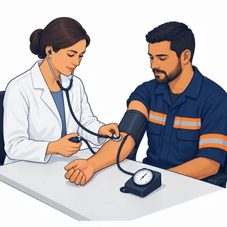 Médica realiza avaliação de saúde de um trabalhador, tema do PCMSO na NR 7.