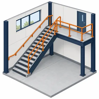 Escada e plataforma com guarda-corpos ilustram a segurança em edificações da NR 8.