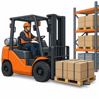 Empilhadeira transporta uma carga estável próxima a uma estante, tema da NR 11.