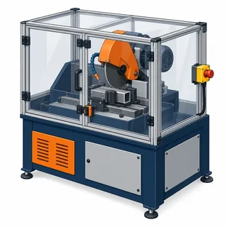 Máquina industrial com proteção e botão de emergência ilustra a NR 12.