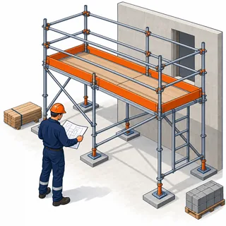 Canteiro de obras com proteção coletiva e trabalhador equipado, tema da NR 18.
