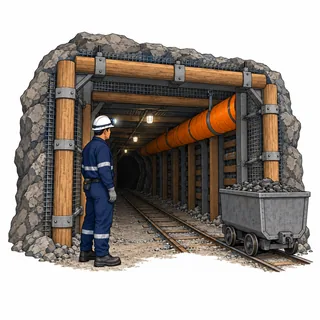 Entrada de mina com ventilação e trabalhador protegido, tema da NR 22.