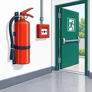 Extintor, alarme e saída desobstruída ilustram a proteção contra incêndios da NR 23.