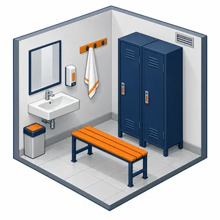 Lavatório, armários e banco ilustram condições de conforto previstas na NR 24.