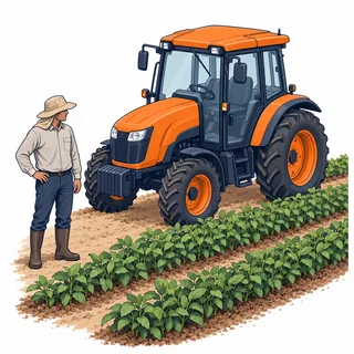 Trator com cabine e trabalhador rural protegido, tema da NR 31.