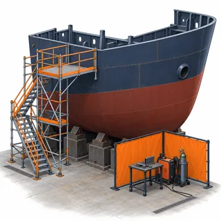 Casco de navio em doca seca com estrutura de acesso protegida, tema da NR 34.