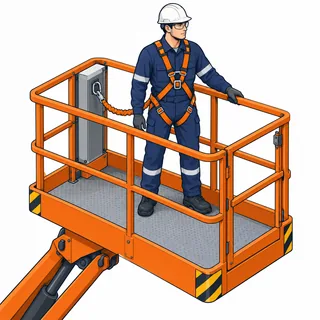 Trabalhador em plataforma com guarda-corpo e sistema de proteção contra quedas, tema da NR 35.