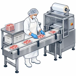 Posto de processamento de carnes com proteção e trabalhador equipado, tema da NR 36.