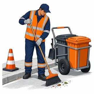 Profissional de limpeza urbana com carrinho e recipientes de coleta, tema da NR 38.